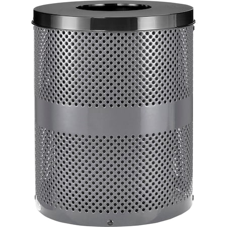 Global Industrial Outdoor Perforated Steel Trash Can With Flat Lid, 36 Gallon, Gray 261925GY